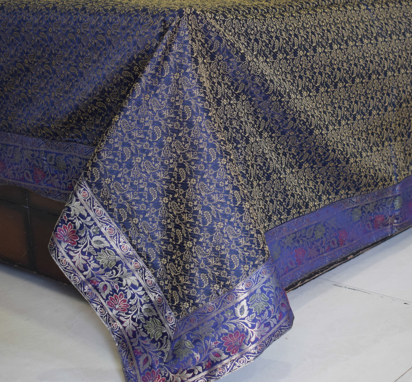Banarasi Bed Cover Set Indian Ethnic Traditional Silk Woven Resham Brocade Blue