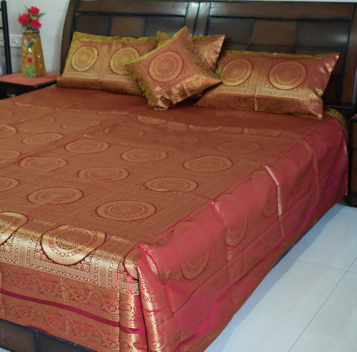 Banarasi Bed Cover Set Indian Ethnic Traditional Silk Woven Zari Brocade Maroon