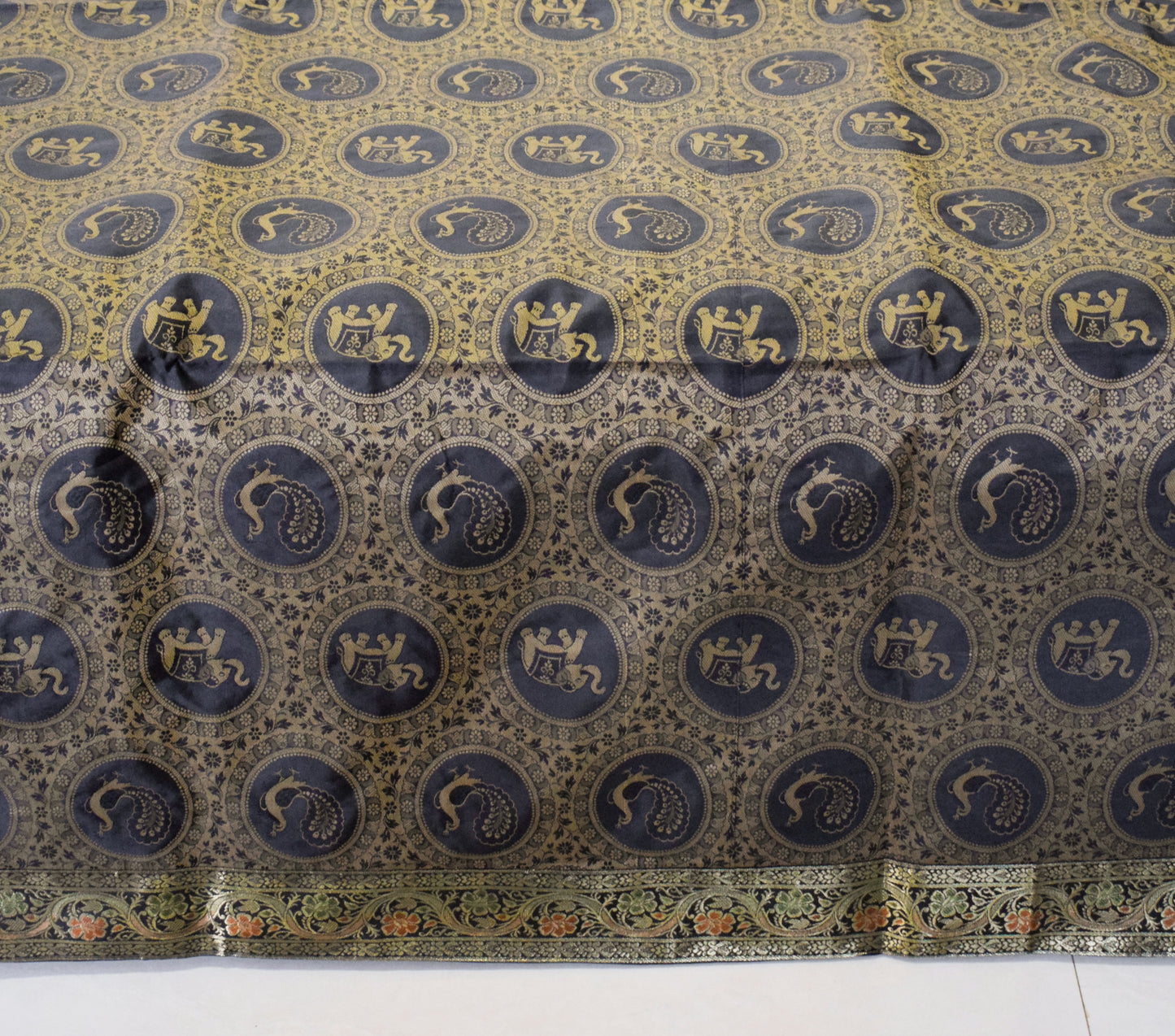 Banarasi Bed Cover Set Indian Ethnic Traditional Silk Woven Animal Brocade Black