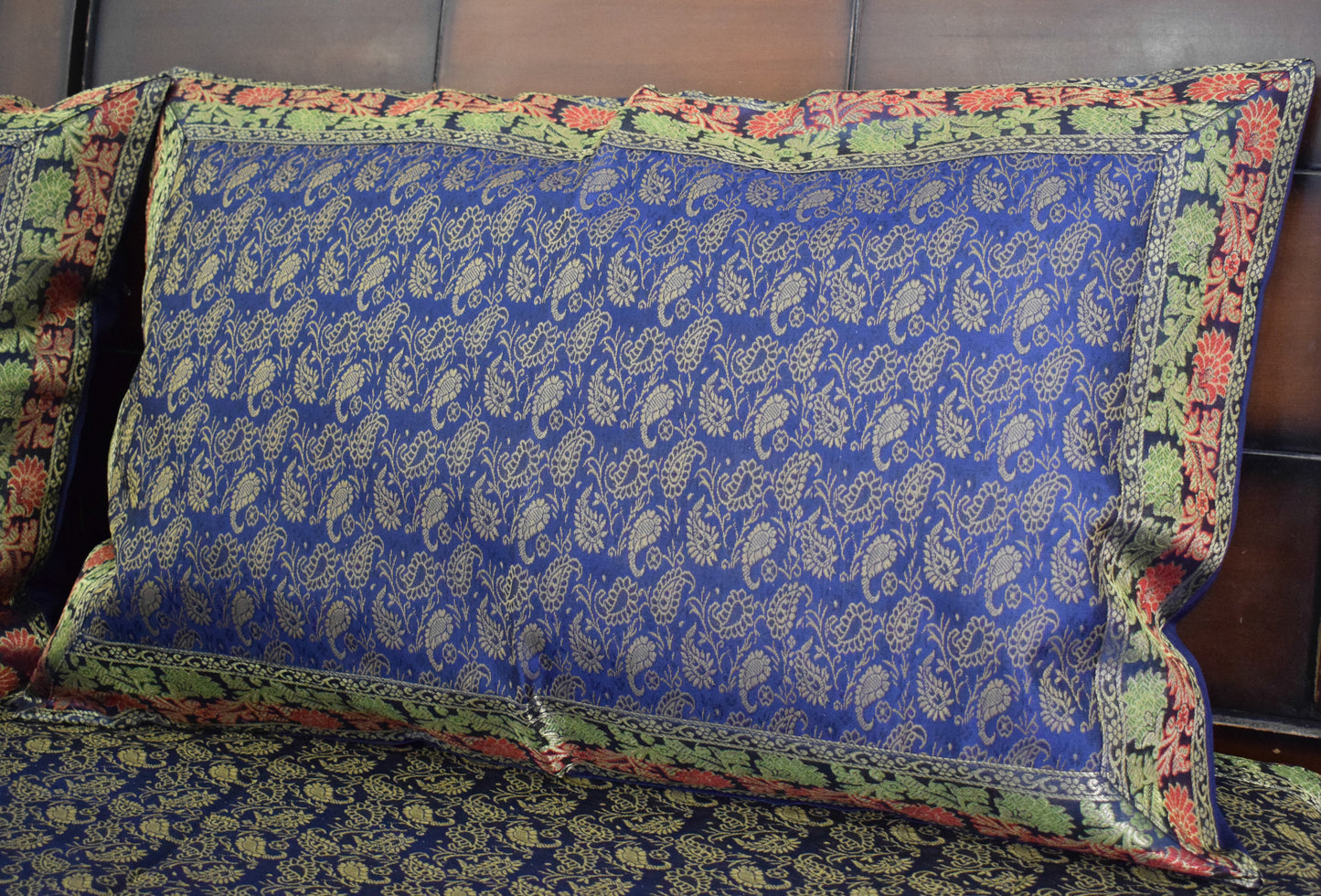 Banarasi Bed Cover Set Indian Ethnic Traditional Silk Woven Resham Brocade Blue
