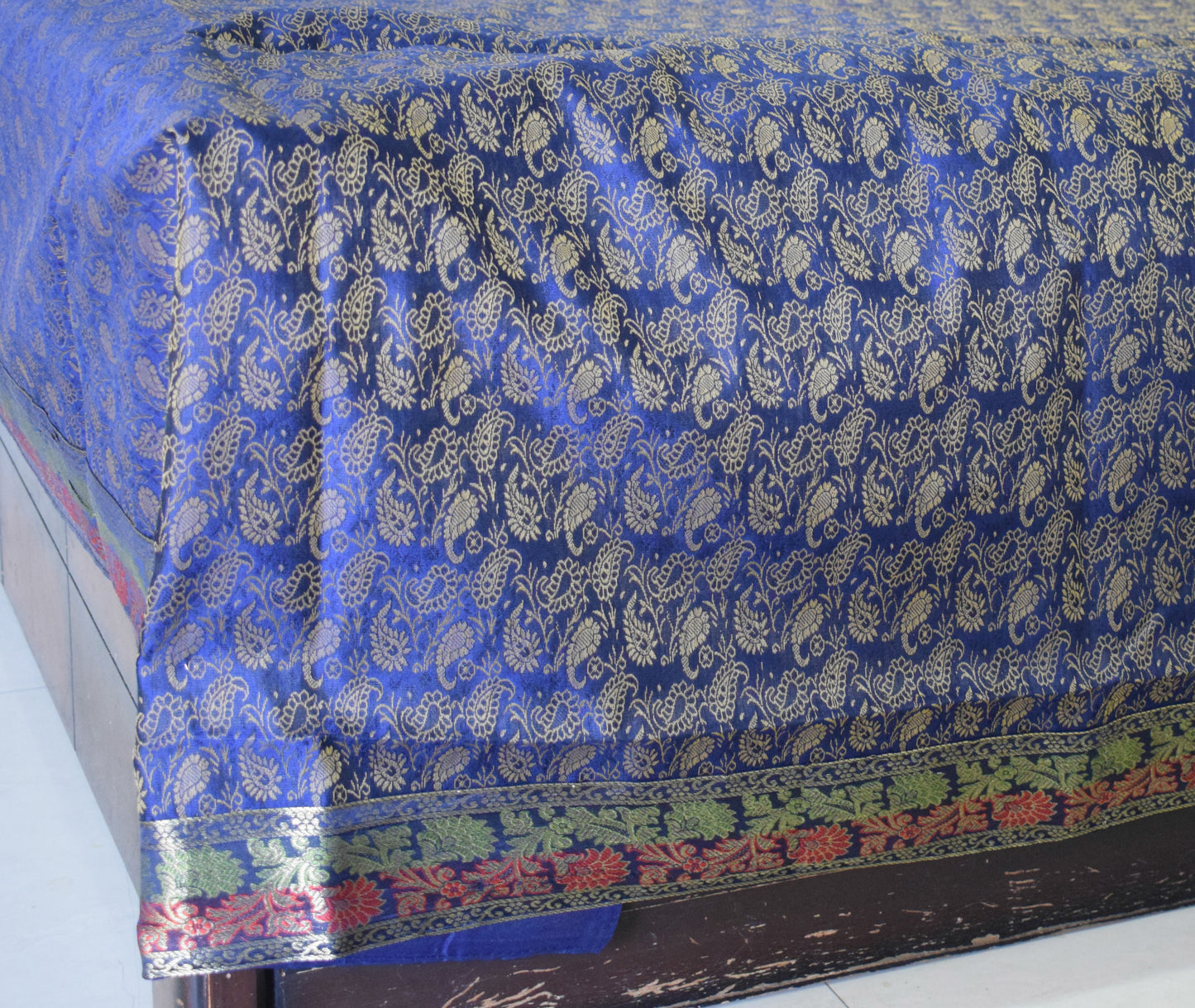 Banarasi Bed Cover Set Indian Ethnic Traditional Silk Woven Resham Brocade Blue