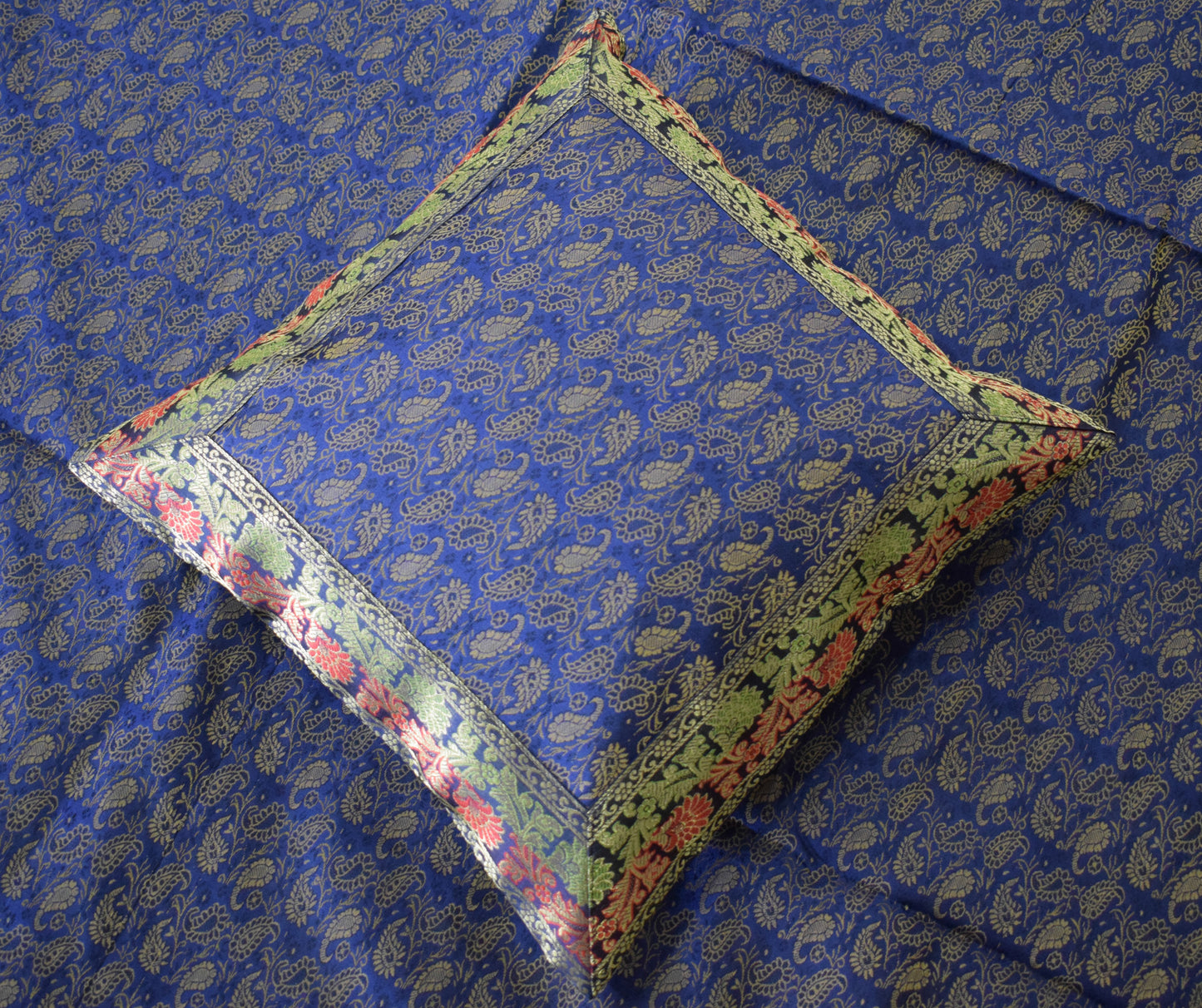 Banarasi Bed Cover Set Indian Ethnic Traditional Silk Woven Resham Brocade Blue