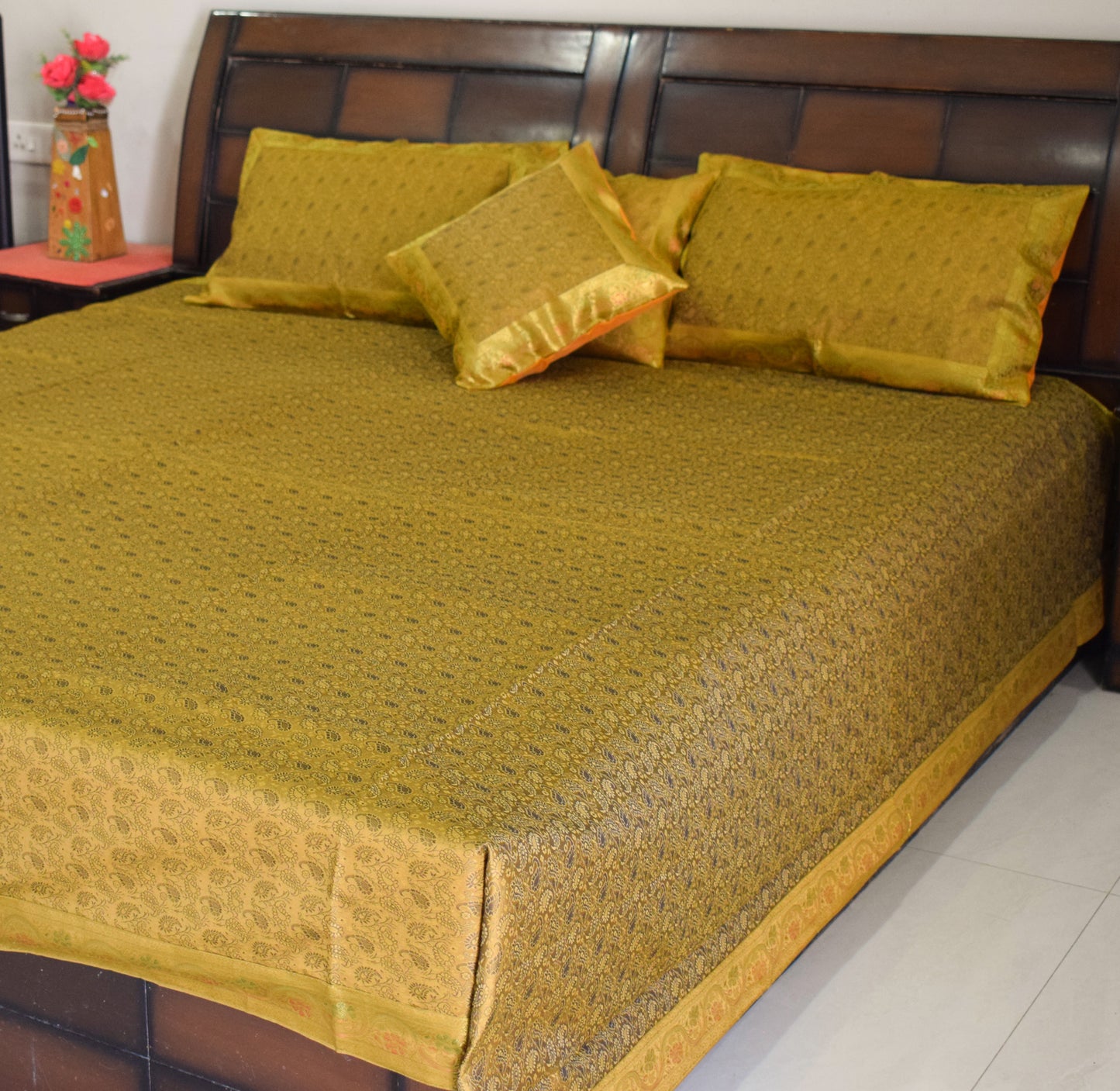 Banarasi Bed Cover Set Indian Ethnic Traditional Woven Resham Brocade Mustard