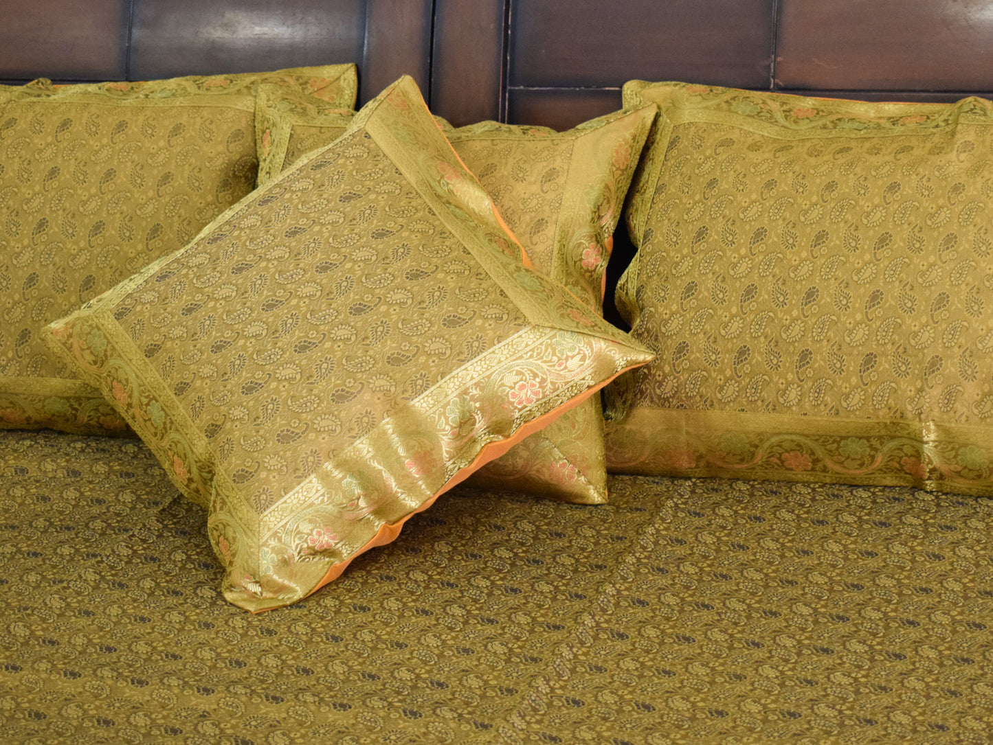 Banarasi Bed Cover Set Indian Ethnic Traditional Woven Resham Brocade Mustard
