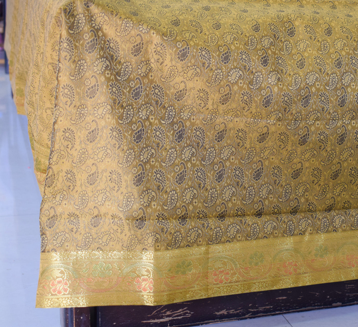 Banarasi Bed Cover Set Indian Ethnic Traditional Woven Resham Brocade Mustard