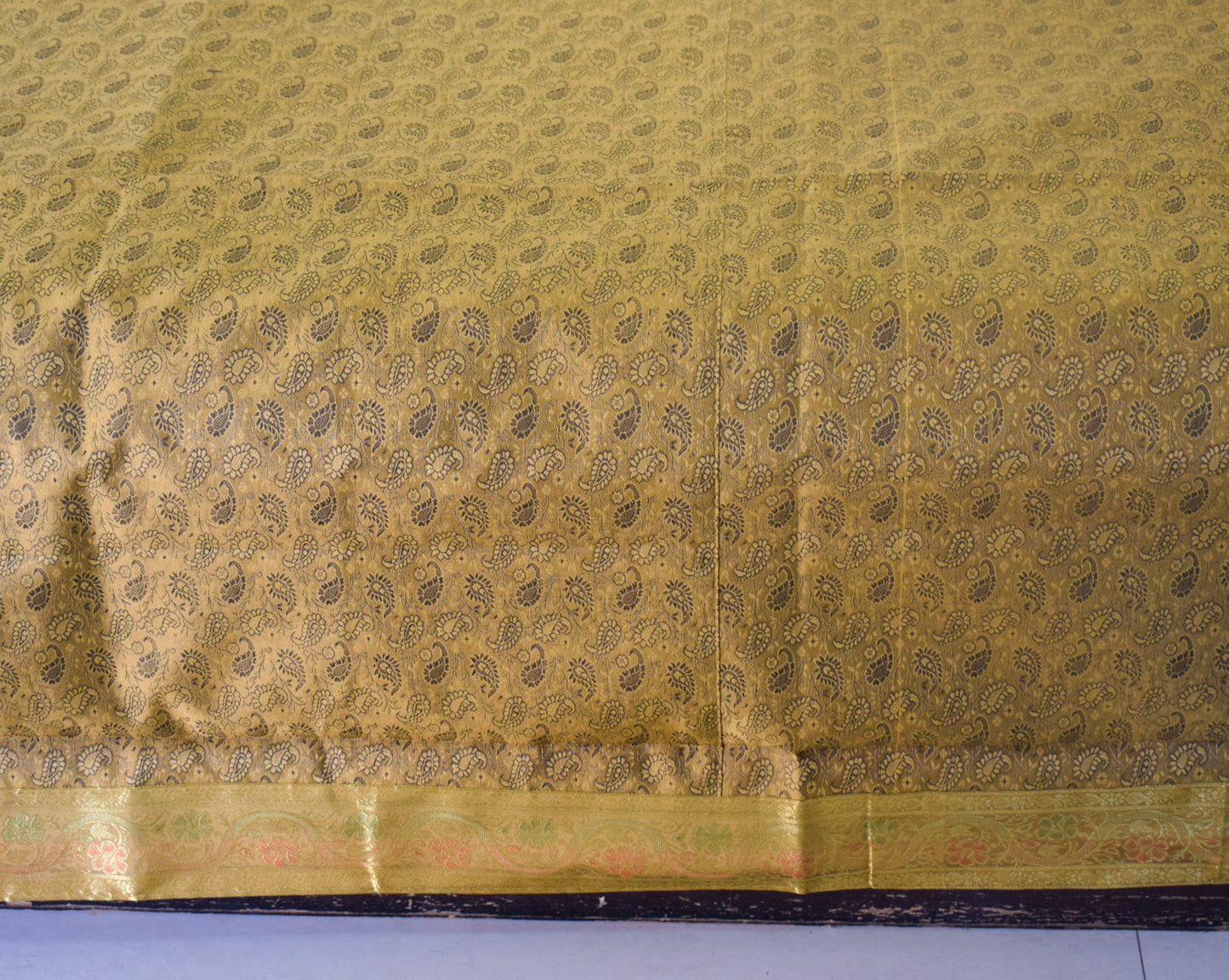 Banarasi Bed Cover Set Indian Ethnic Traditional Woven Resham Brocade Mustard