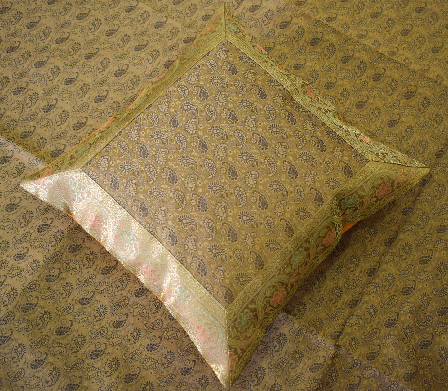 Banarasi Bed Cover Set Indian Ethnic Traditional Woven Resham Brocade Mustard