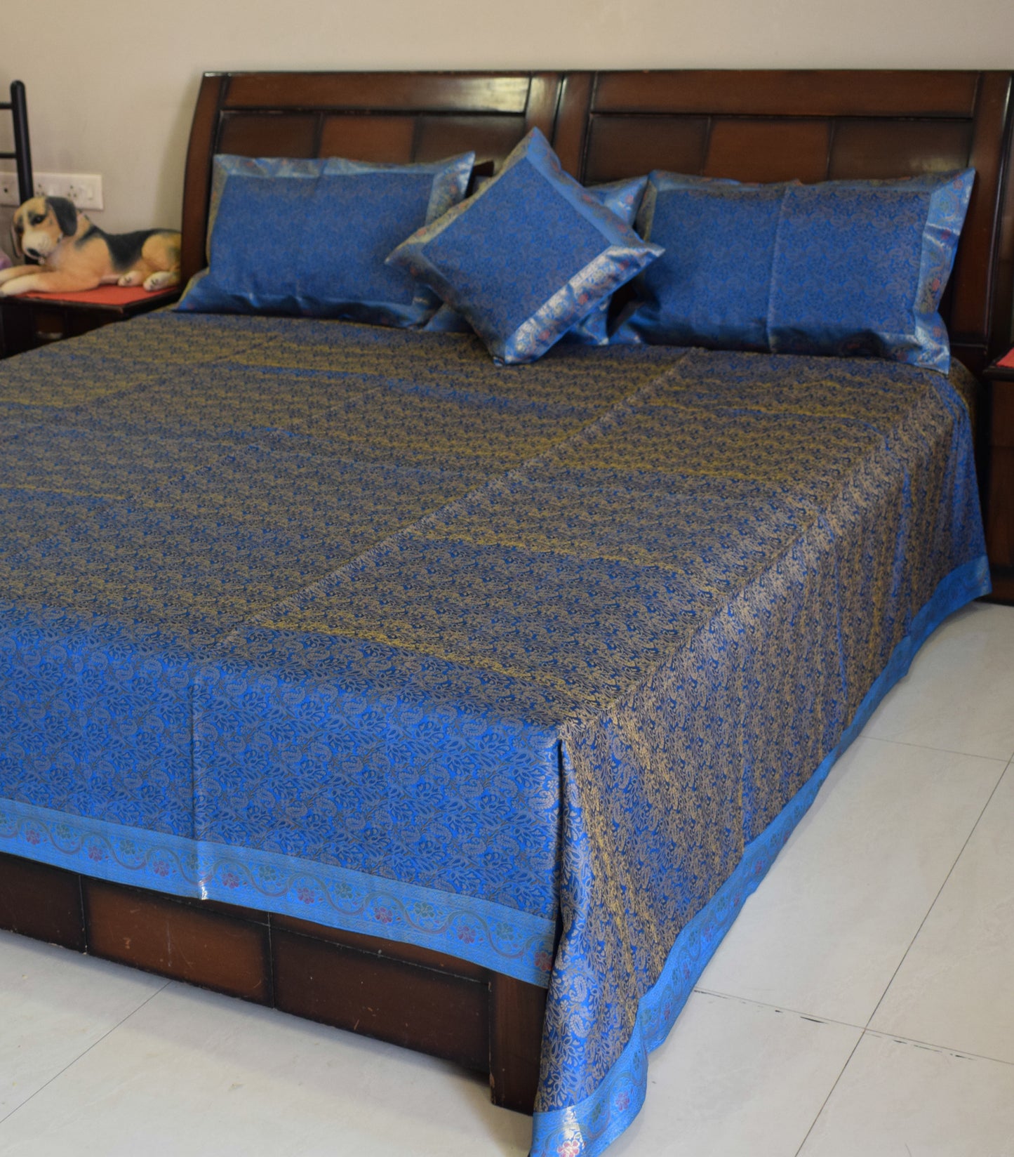 Banarasi Bed Cover Set Indian Ethnic Traditional Silk Woven Resham Brocade Blue
