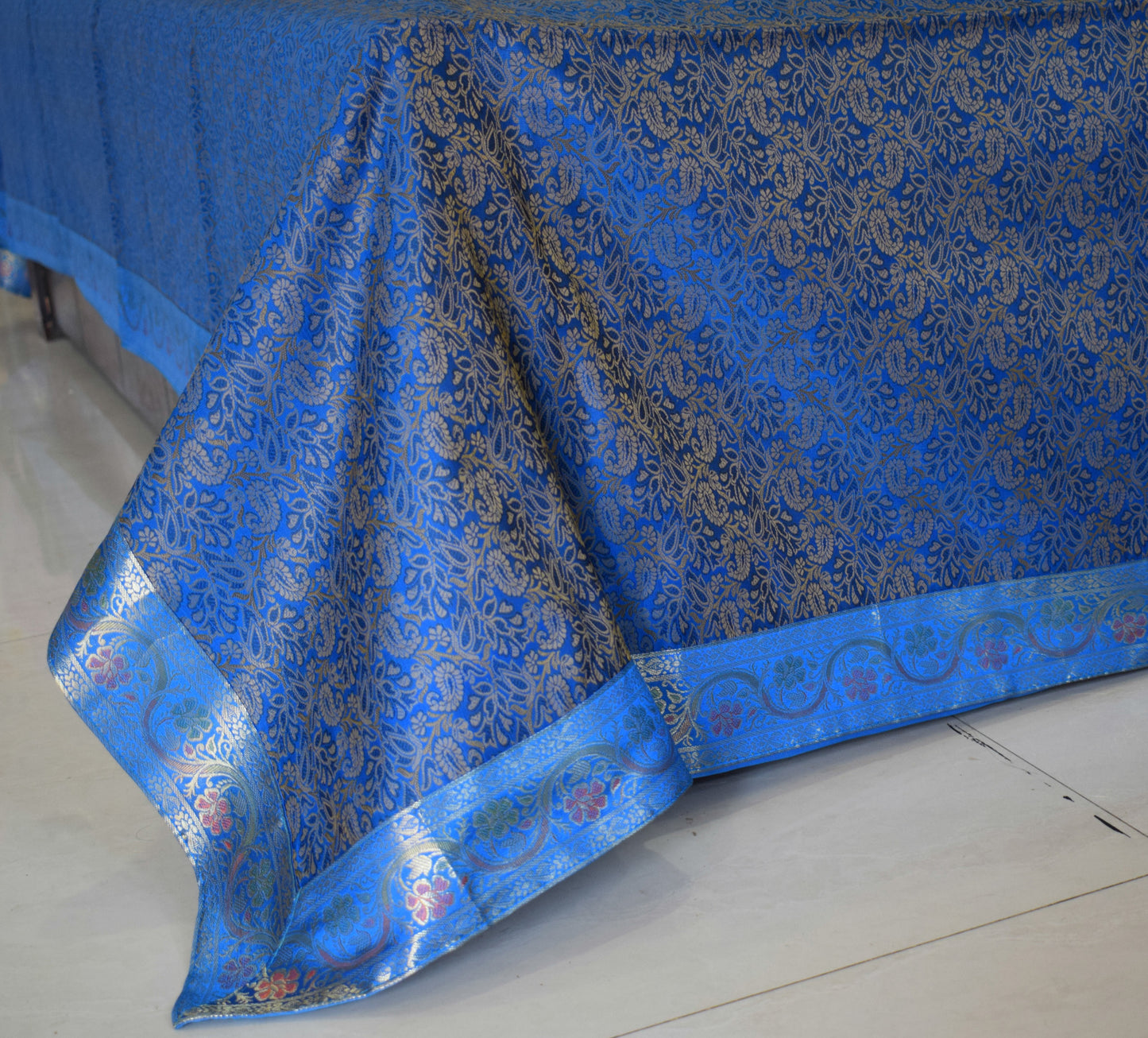 Banarasi Bed Cover Set Indian Ethnic Traditional Silk Woven Resham Brocade Blue
