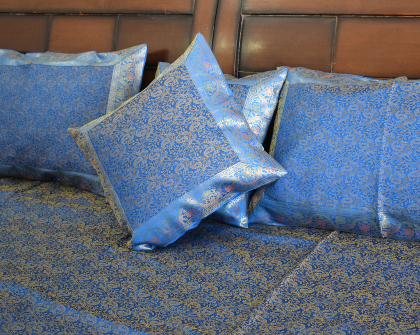 Banarasi Bed Cover Set Indian Ethnic Traditional Silk Woven Resham Brocade Blue