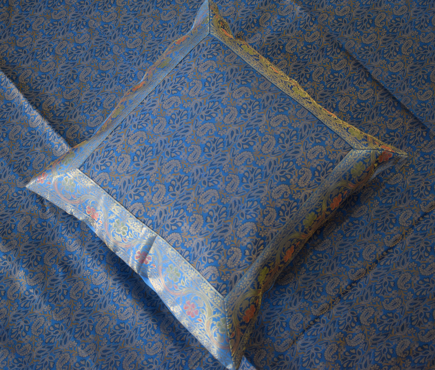 Banarasi Bed Cover Set Indian Ethnic Traditional Silk Woven Resham Brocade Blue