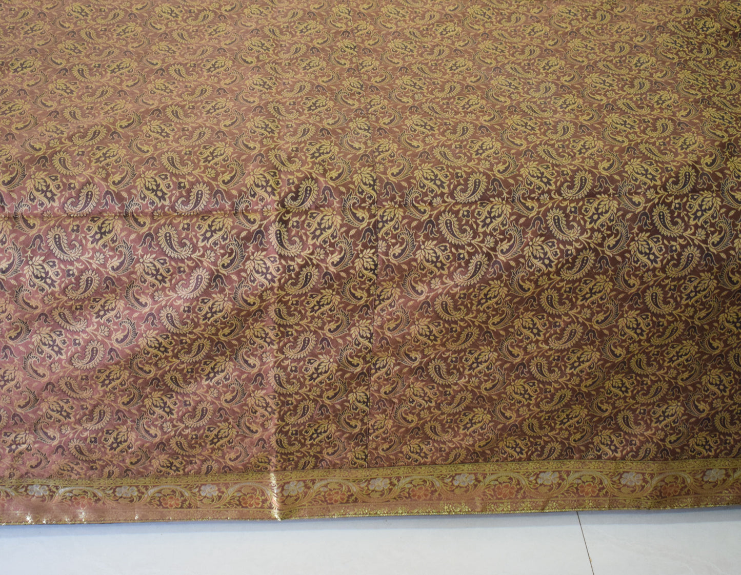 Banarasi Bed Cover Set Indian Ethnic Traditional Silk Woven Resham Brocade Brown