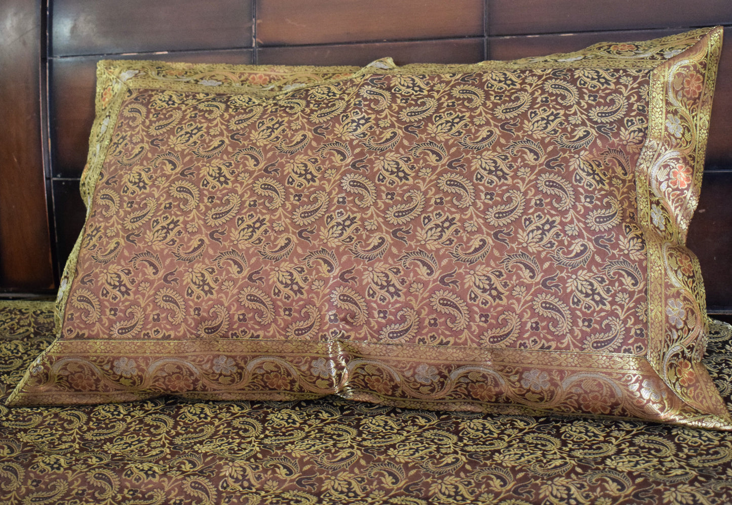 Banarasi Bed Cover Set Indian Ethnic Traditional Silk Woven Resham Brocade Brown
