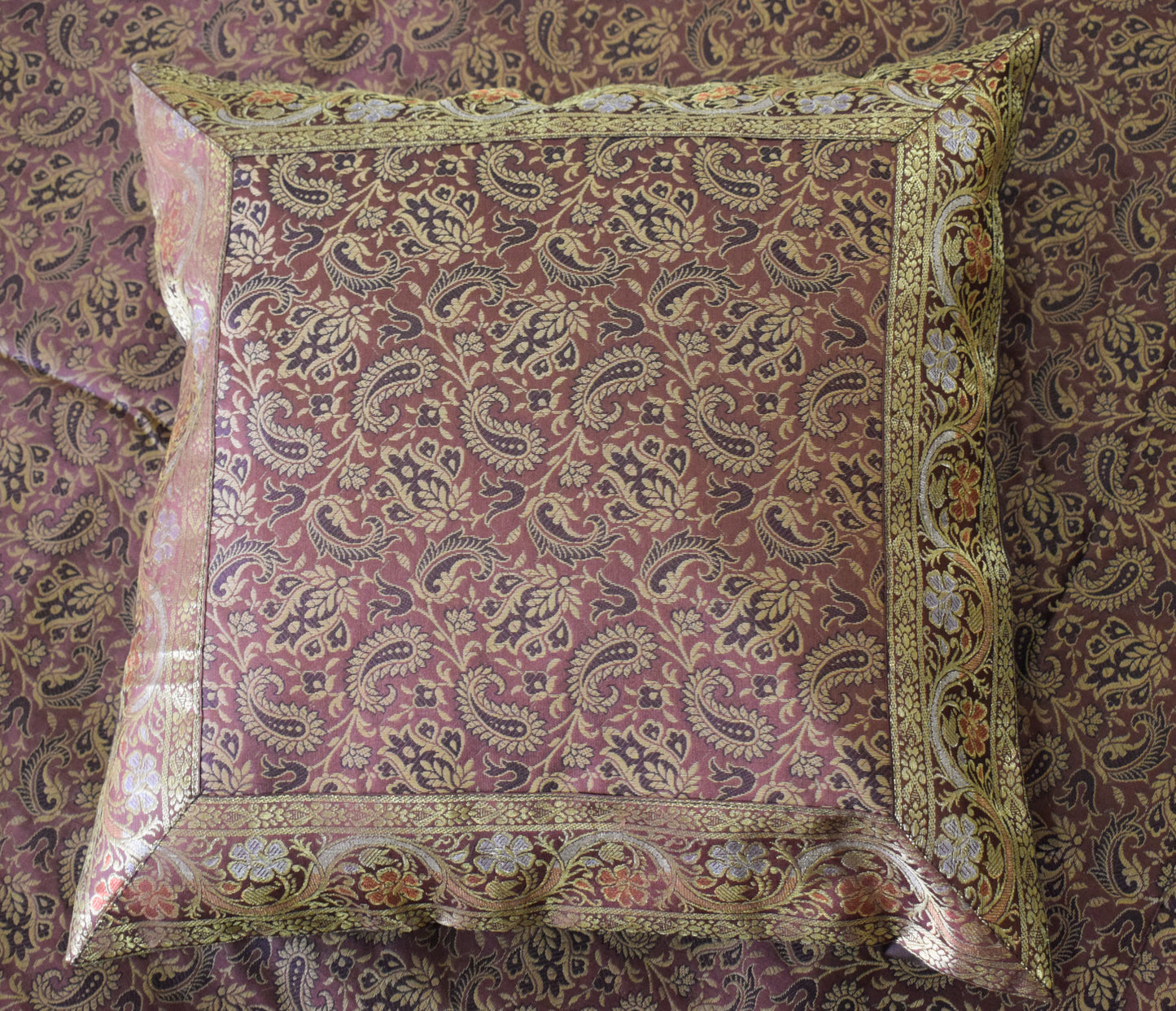 Banarasi Bed Cover Set Indian Ethnic Traditional Silk Woven Resham Brocade Brown