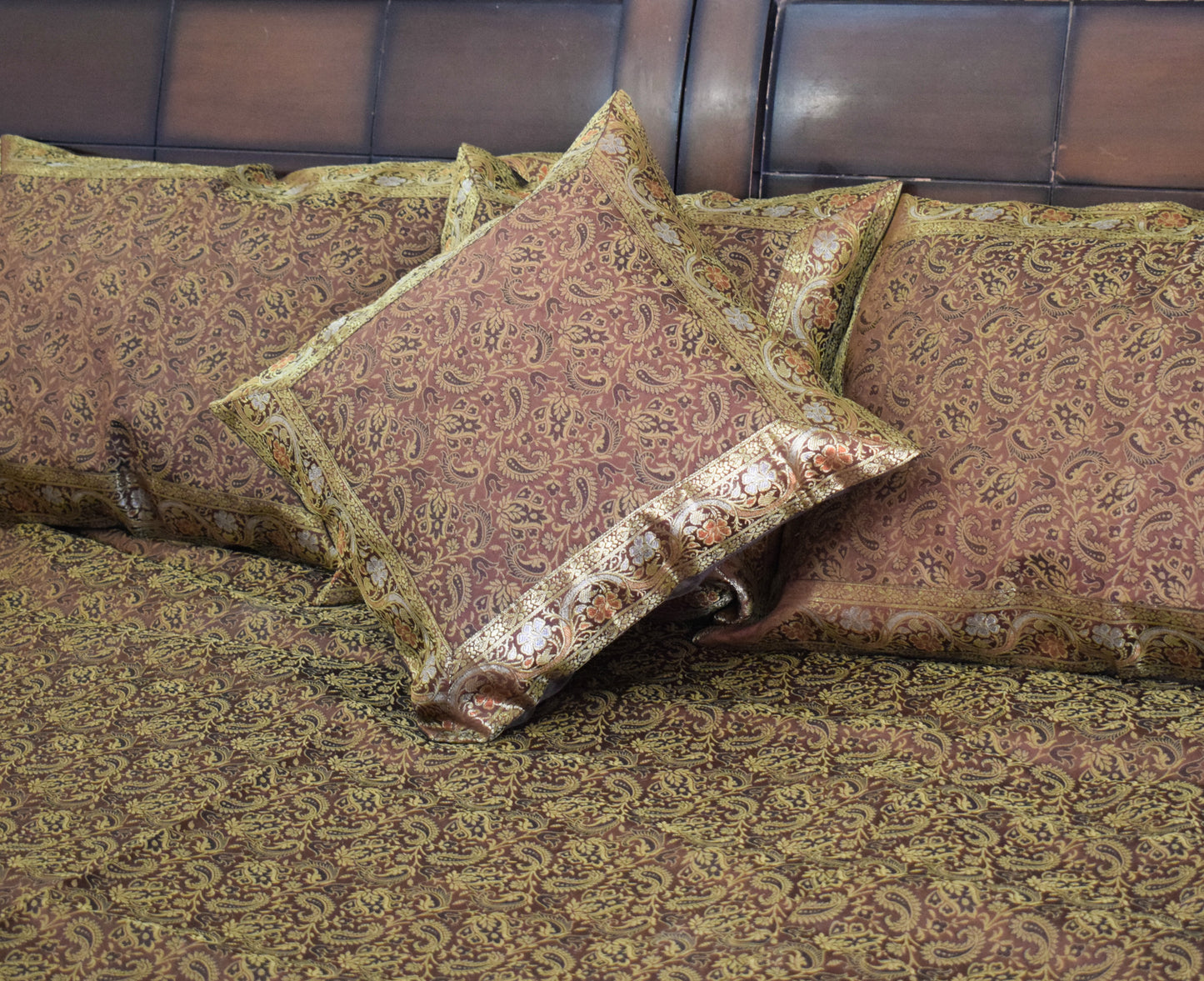 Banarasi Bed Cover Set Indian Ethnic Traditional Silk Woven Resham Brocade Brown