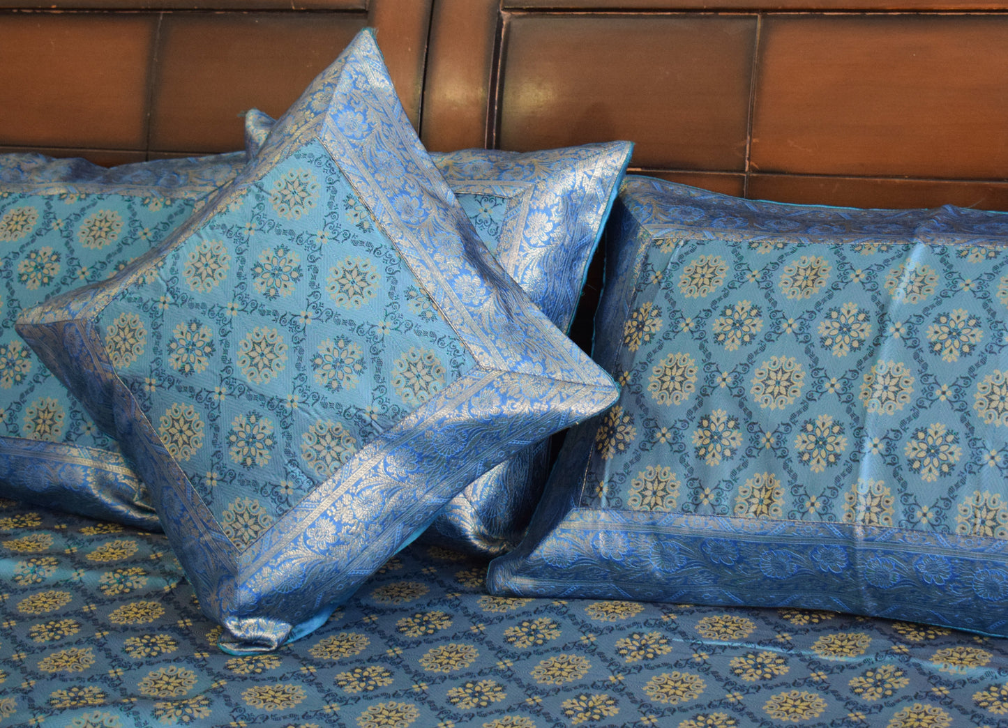 Banarasi Bed Cover Set Indian Ethnic Traditional Silk Woven Resham Brocade Blue