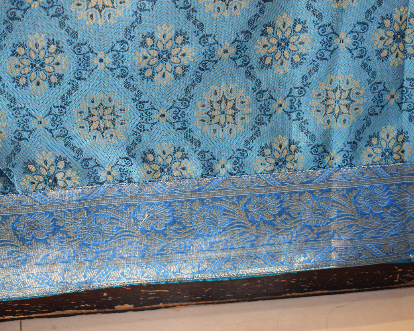 Banarasi Bed Cover Set Indian Ethnic Traditional Silk Woven Resham Brocade Blue
