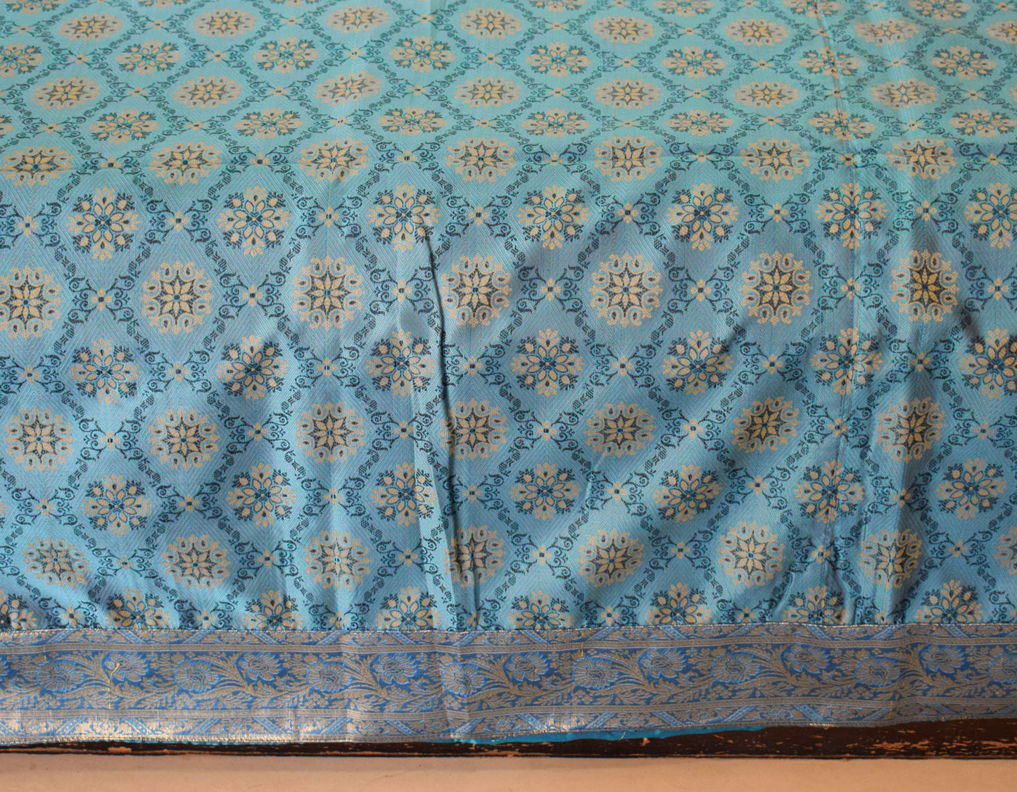 Banarasi Bed Cover Set Indian Ethnic Traditional Silk Woven Resham Brocade Blue