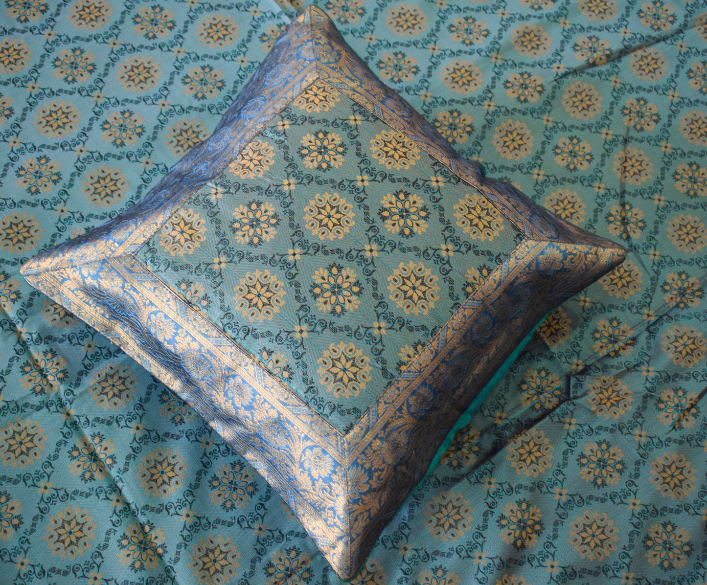 Banarasi Bed Cover Set Indian Ethnic Traditional Silk Woven Resham Brocade Blue