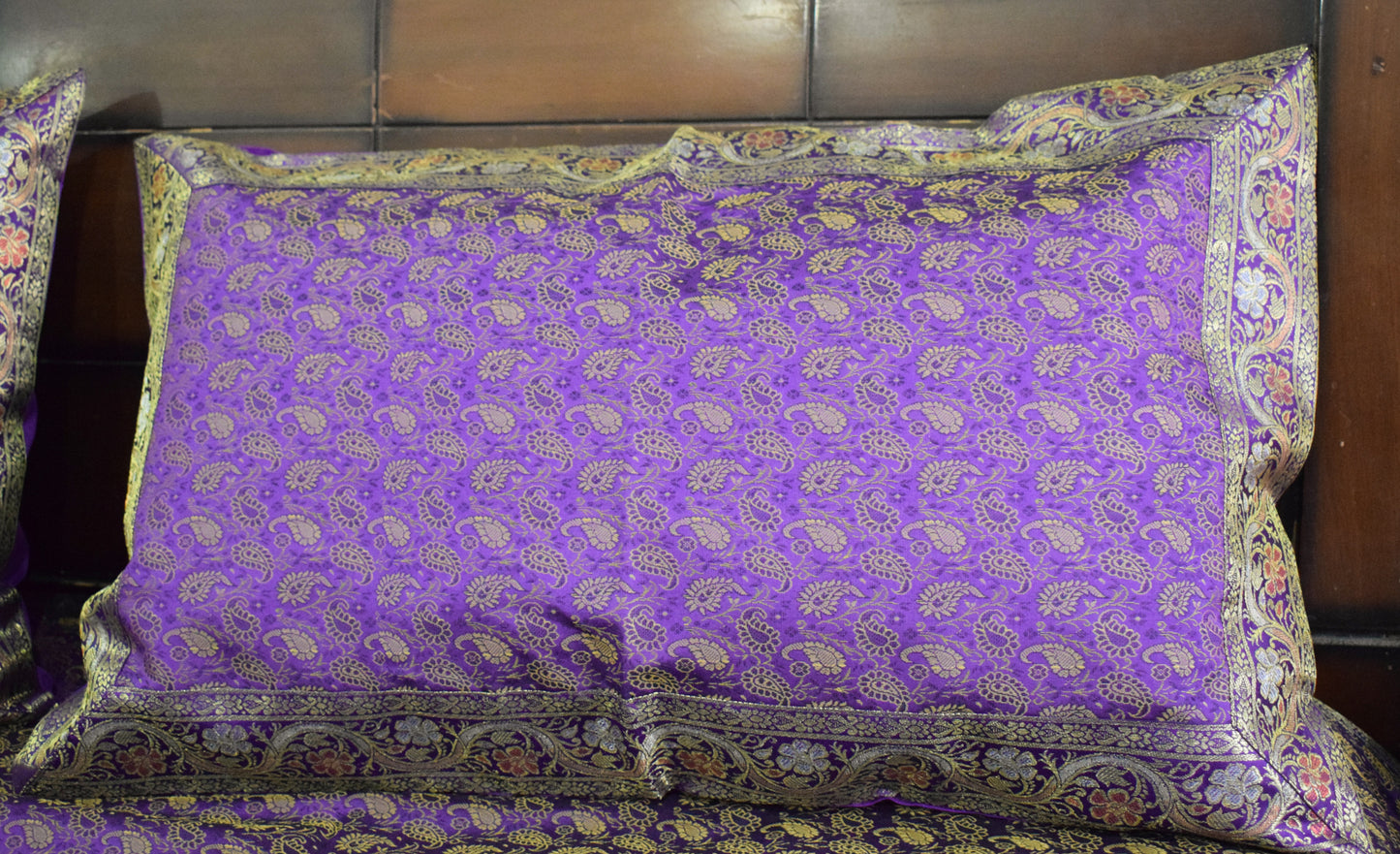 Banarasi Bed Cover Set Indian Ethnic Traditional Woven Resham Brocade Purple
