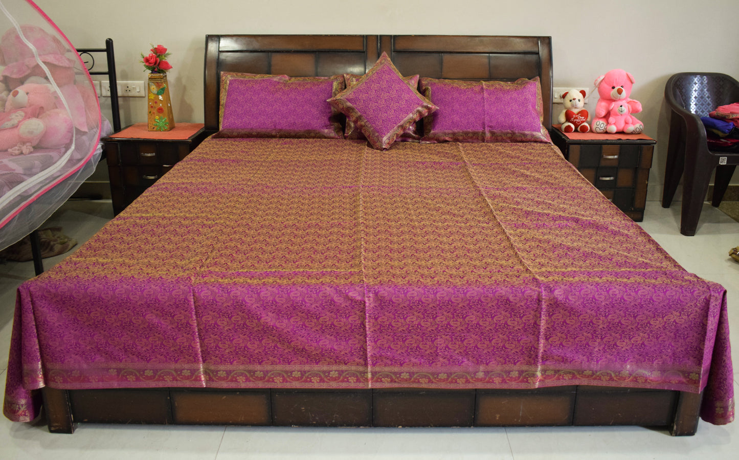 Banarasi Bed Cover Set Indian Ethnic Traditional Woven Resham Brocade Magenta