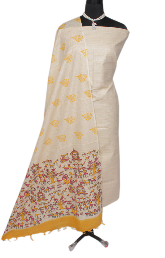 Khadi Cotton Silk Cream Dress Material Printed Bhagalpuri Salwar Kameez Dupatta