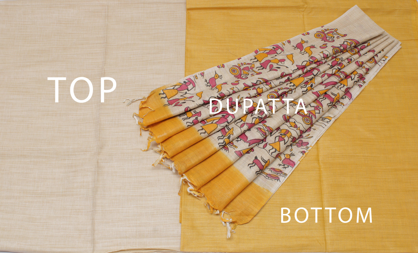 Khadi Cotton Silk Cream Dress Material Printed Bhagalpuri Salwar Kameez Dupatta