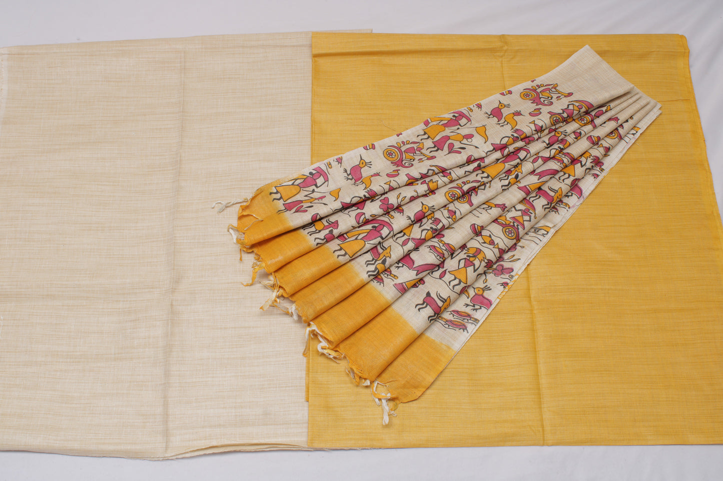 Khadi Cotton Silk Cream Dress Material Printed Bhagalpuri Salwar Kameez Dupatta
