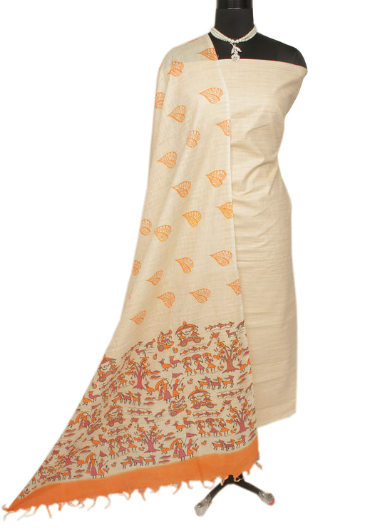 Khadi Cotton Silk Cream Dress Material Printed Bhagalpuri Salwar Kameez Dupatta