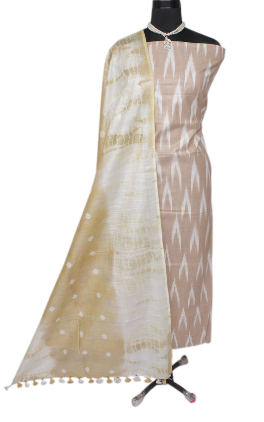 Pure Cotton Brown Dress Material Woven Ikaat Bhagalpuri Salwar Kameez Dupatta