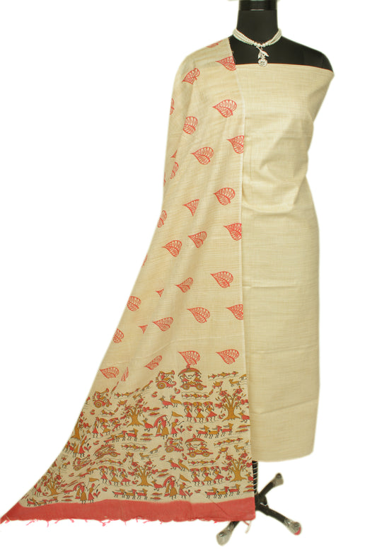 Khadi Cotton Silk Cream Dress Material Printed Bhagalpuri Salwar Kameez Dupatta