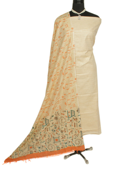 Khadi Cotton Silk Cream Dress Material Printed Bhagalpuri Salwar Kameez Dupatta