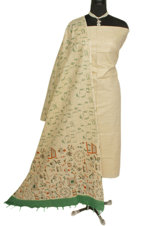 Khadi Cotton Silk Cream Dress Material Printed Bhagalpuri Salwar Kameez Dupatta