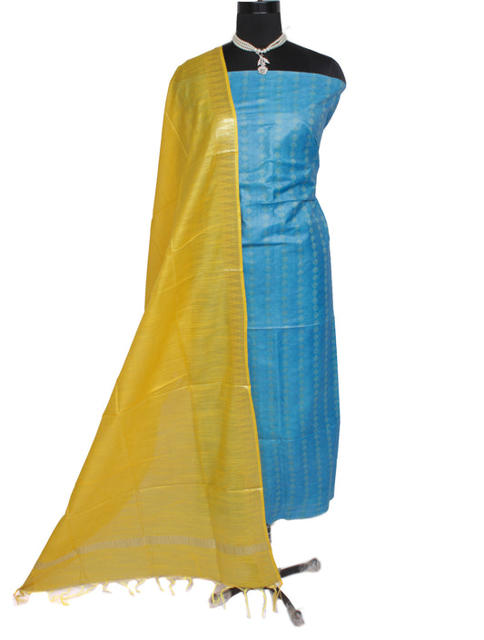 Blend Katan Silk Blue Dress Material Woven Bhagalpuri Salwar Kameez Dupatta Set