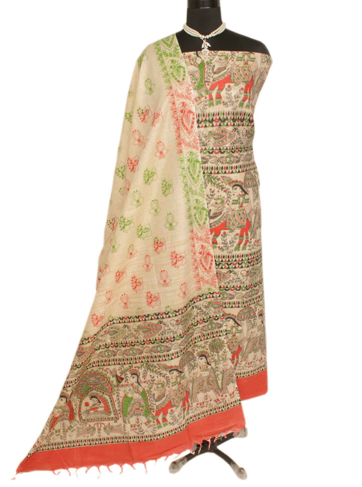 Pure Cotton Cream Dress Material Woven Printed Bhagalpuri Salwar Kameez Dupatta