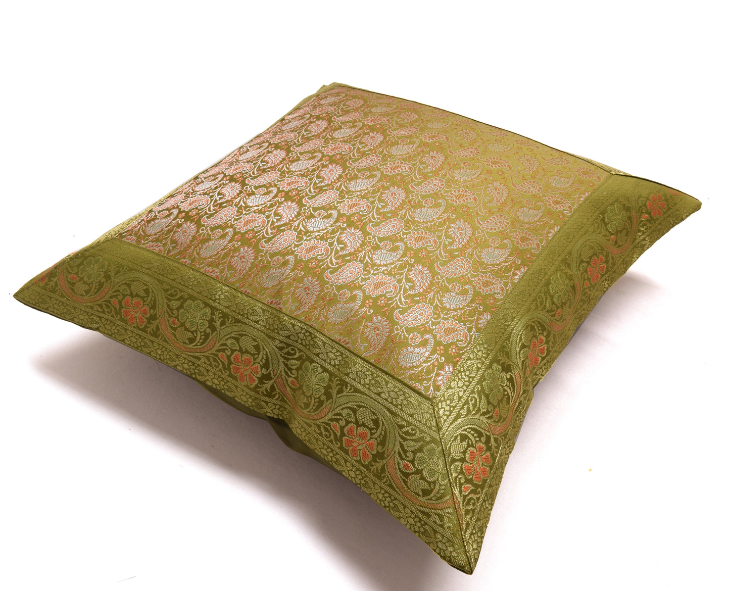 16x16 Inch Indian Woven Zari Brocade Banarasi Silk Paisley Cushion Covers Green
