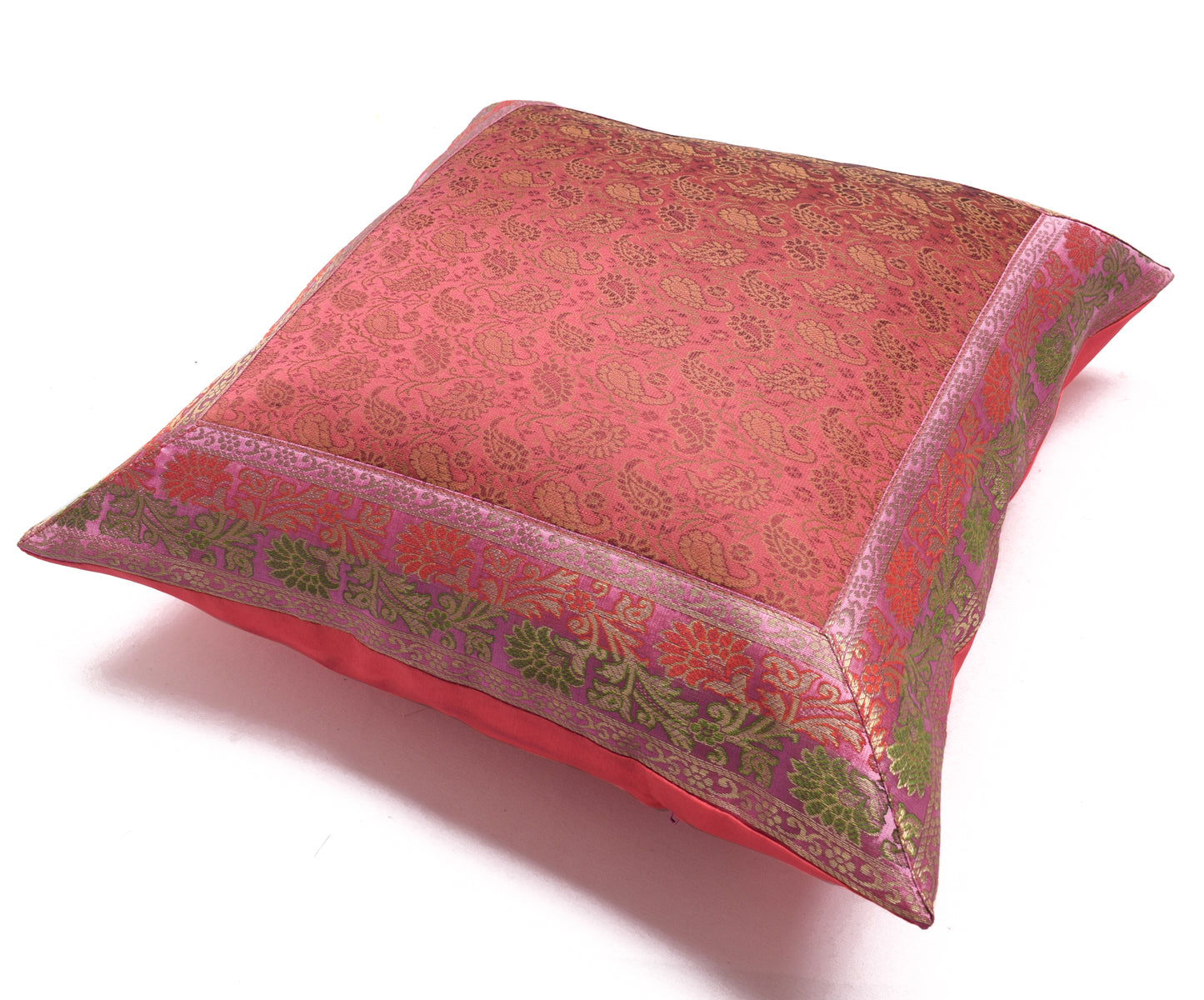 16x16 Inch Indian Woven Zari Brocade Banarasi Silk Paisley Cushion Covers Pink
