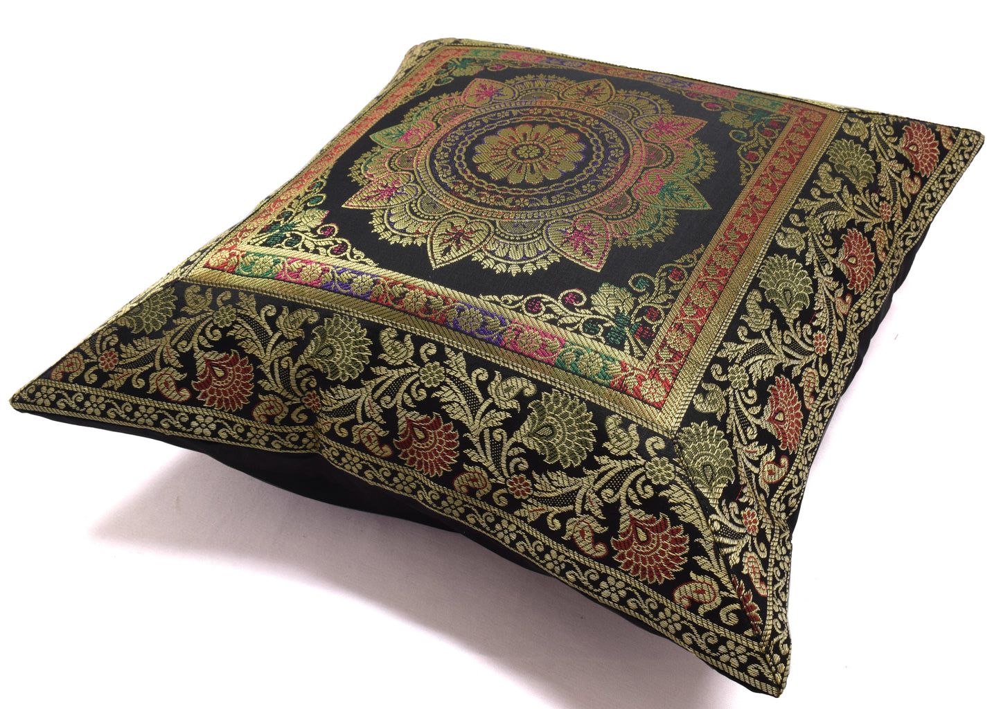 16x16 Inch Indian Woven Zari Brocade Banarasi Silk Mandala Cushion Covers Black