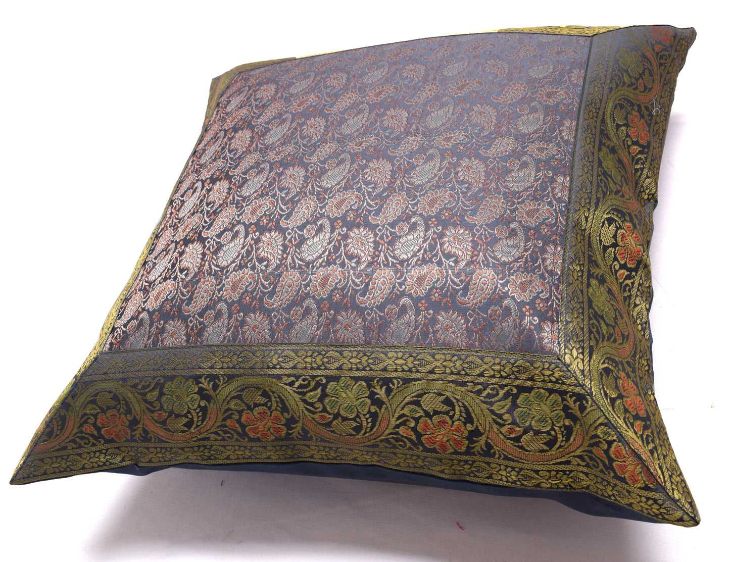 16x16 Inch Indian Woven Zari Brocade Banarasi Silk Pailsey Cushion Covers Gray