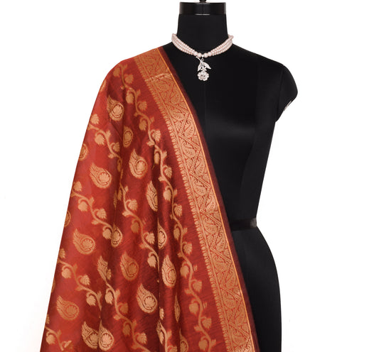 Rust Banarasi Dupatta Indian Art Silk Woven Resham Brocade Long Stole Scarves