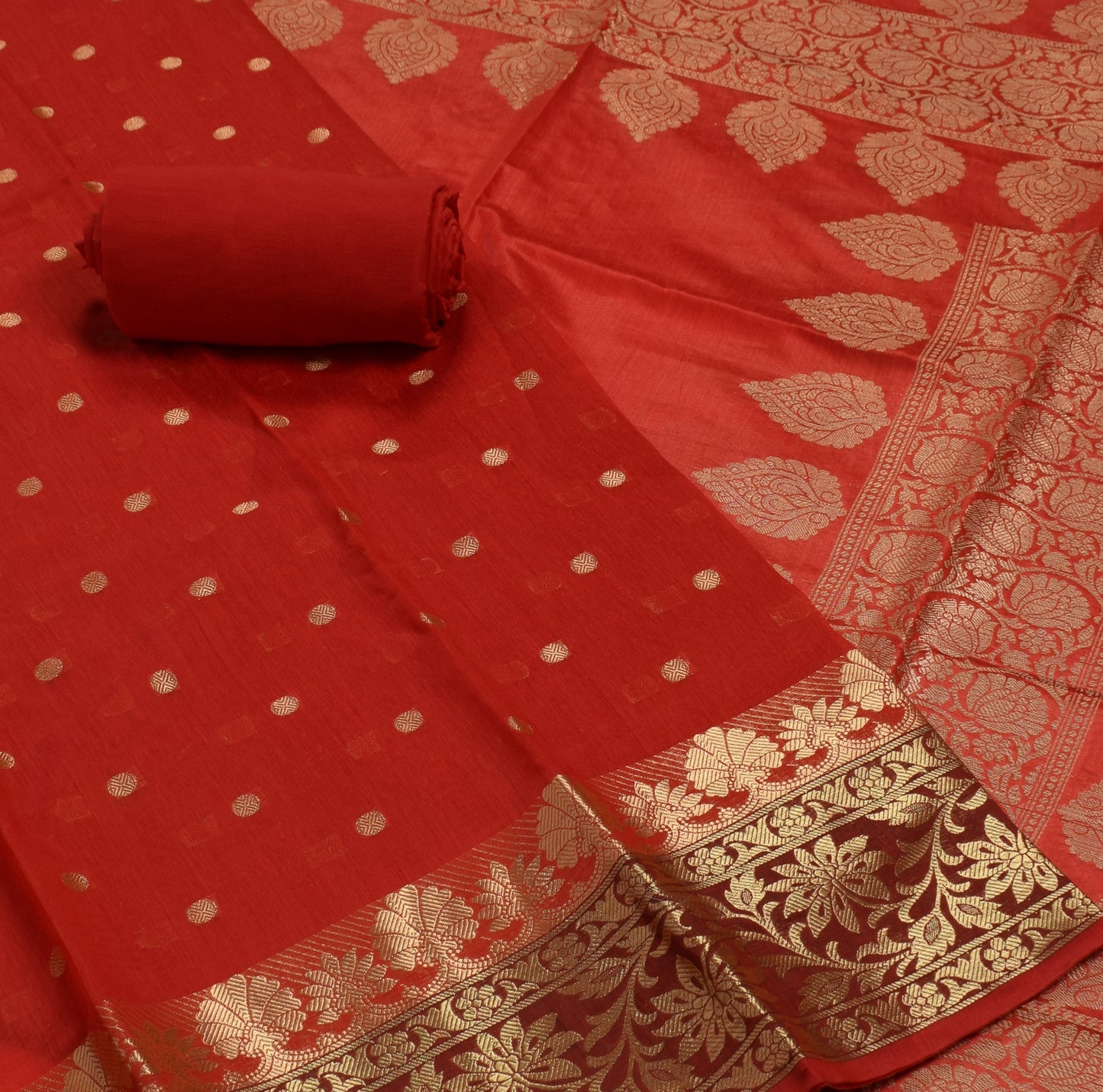 Banarasi Cotton Silk Dress Material Woven Salwar Kameez Dupatta Suit Set Red