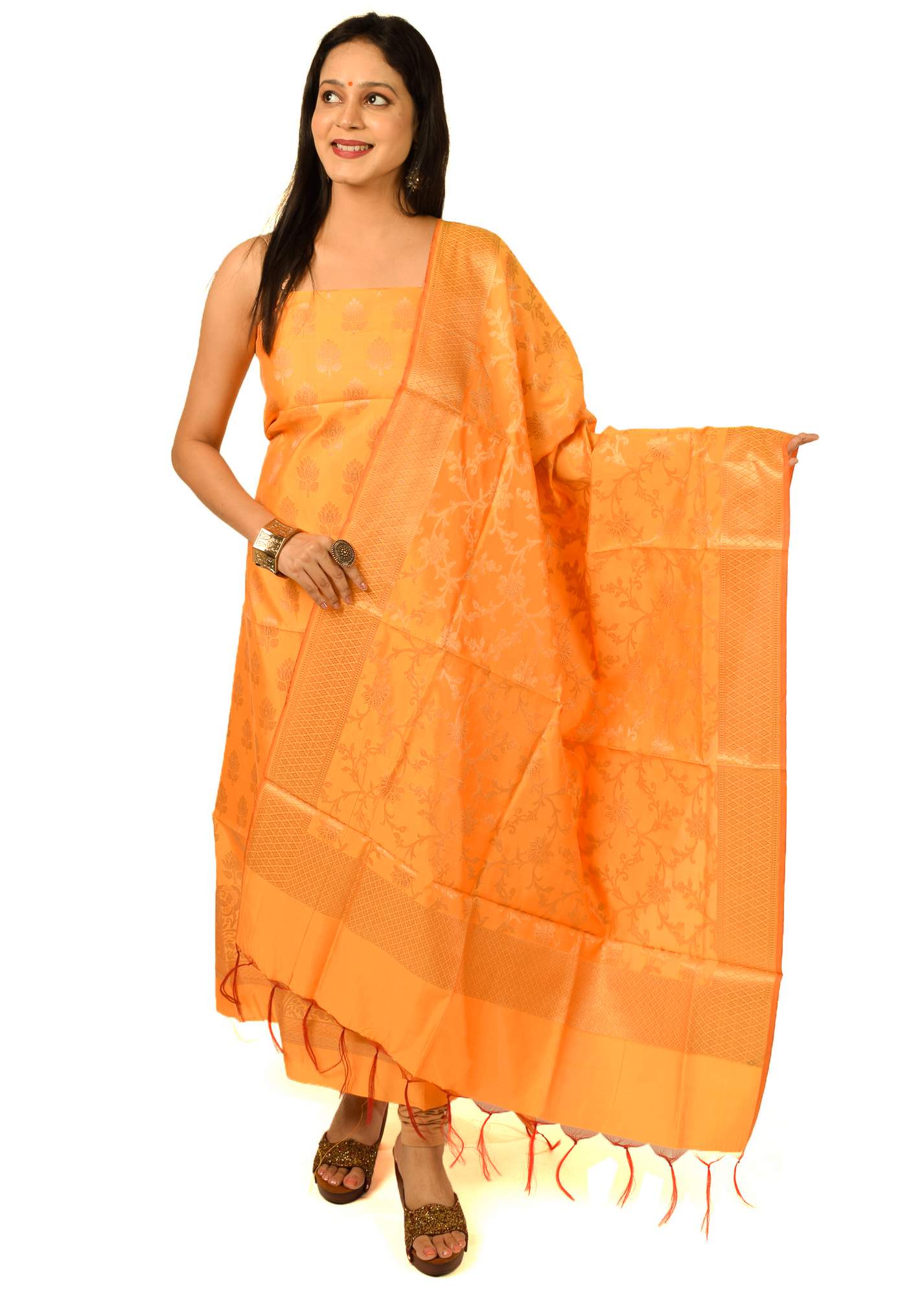 Banarasi Cotton Silk Dress Material Woven Salwar Kameez Dupatta Suit Set Yellow