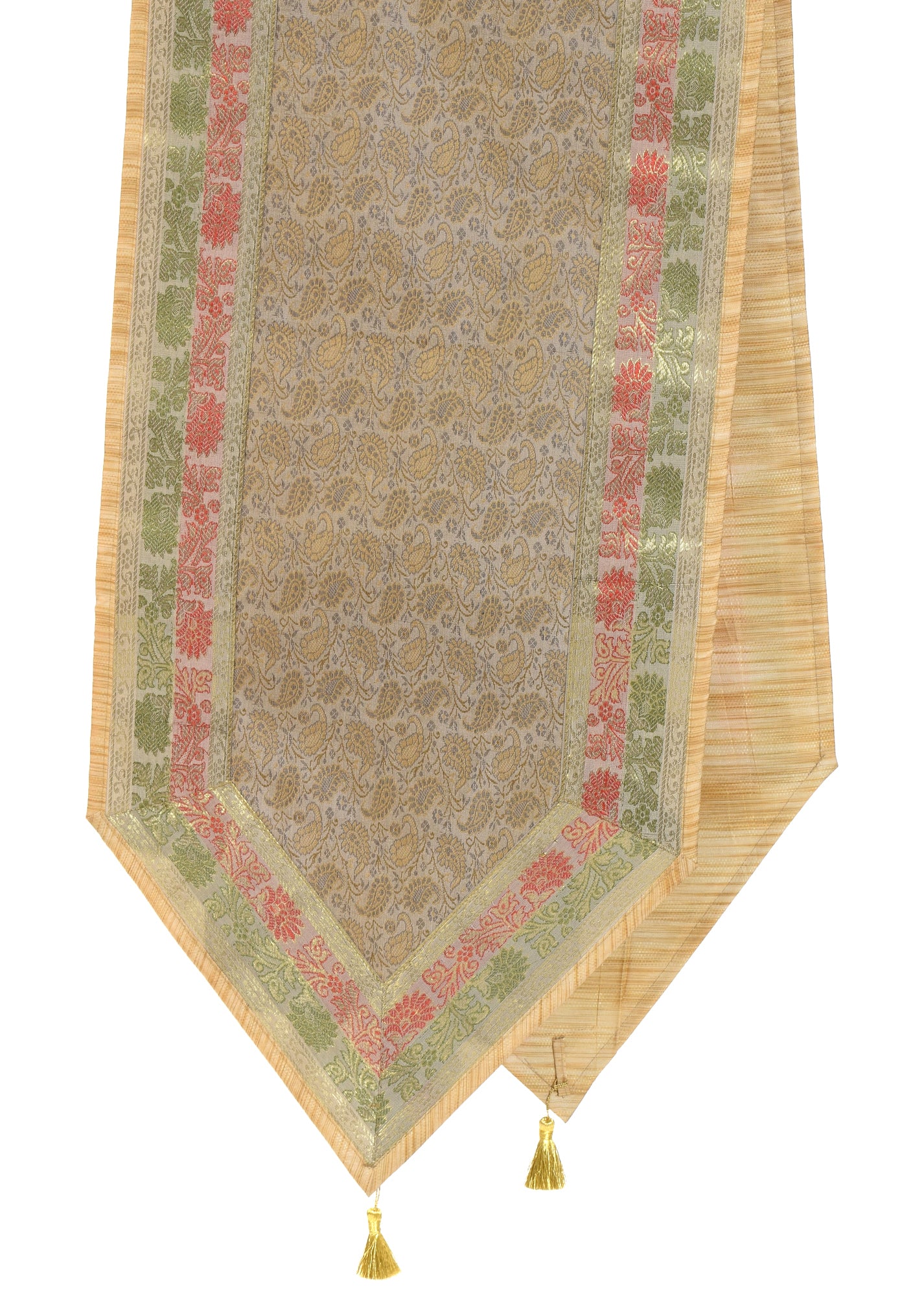 Gray Cream Table Runner Dining Decor Indian Banarasi Silk Brocade Paisley Cloth