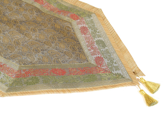 Gray Cream Table Runner Dining Decor Indian Banarasi Silk Brocade Paisley Cloth