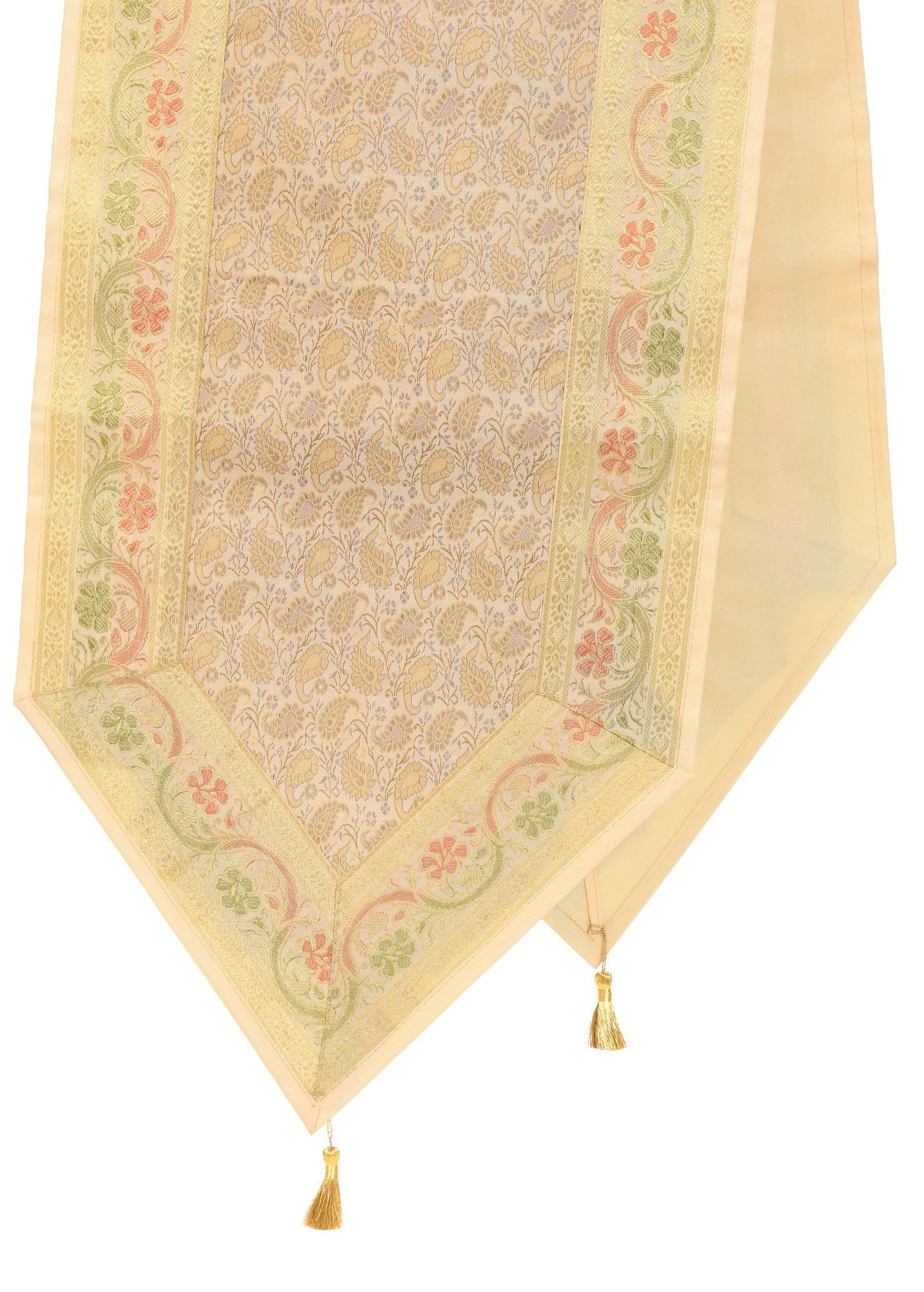 Cream Table Runner Indian Banarasi Silk Brocade Paisley Dining Decor Cloth