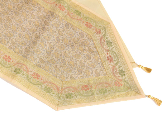 Cream Table Runner Indian Banarasi Silk Brocade Paisley Dining Decor Cloth