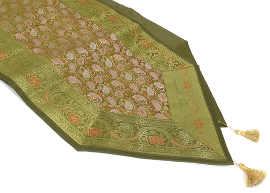 Green Indian Table Runner Banarasi Silk Brocade Paisley Dining Decor Cloth