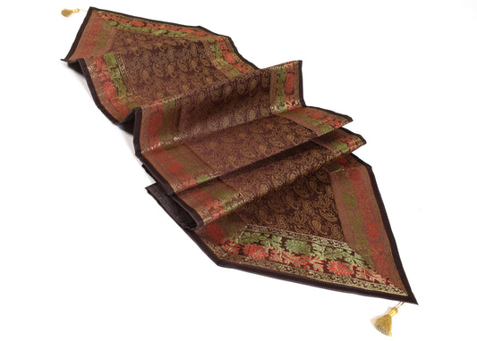 Brown Table Runner Dining Decor Indian Banarasi Silk Brocade Paisley Gift Cloth