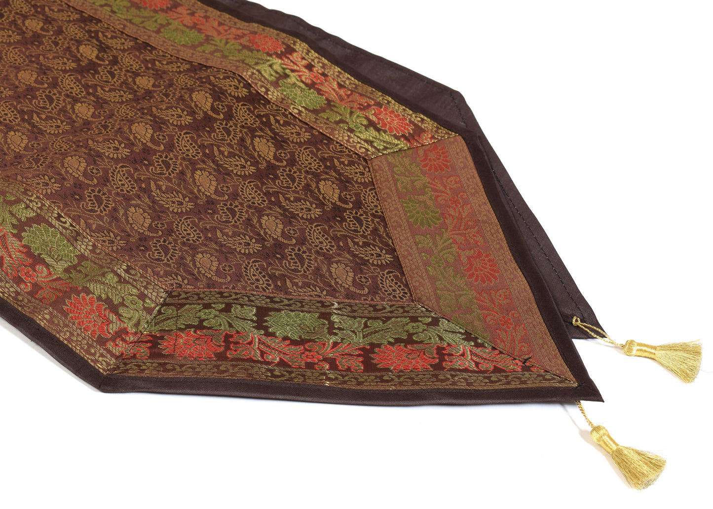 Brown Table Runner Dining Decor Indian Banarasi Silk Brocade Paisley Gift Cloth