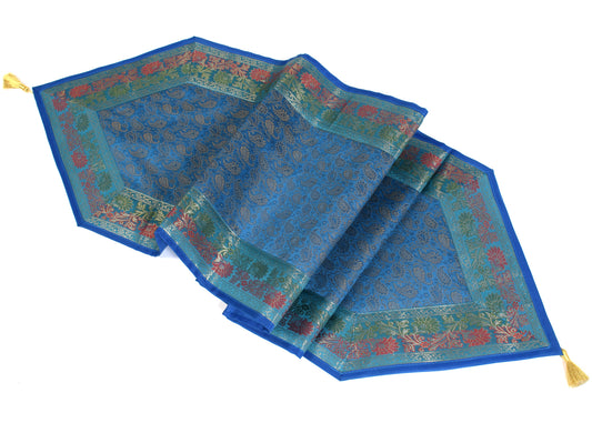 Turquoise Blue Indian Banarasi Silk Brocade Paisley Table Runner Dining Cloth